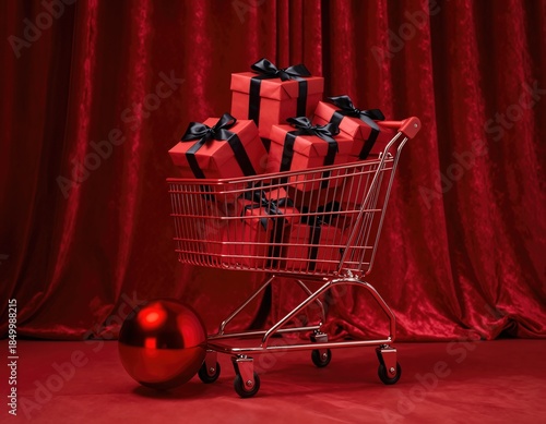 Gift boxes fill shopping cart in festive studio