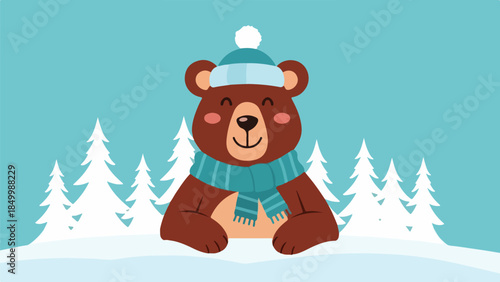 Friendly brown bear wearing a blue beanie and scarf in a snowy winter landscape