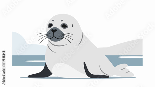 Stylized illustration of a gray seal lying on its stomach with extended flippers on a light blue and white icy background