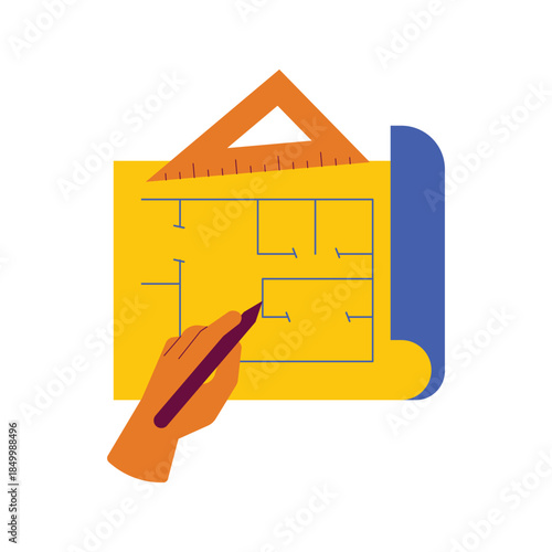 Architectural blueprint drafting with hand and pencil.