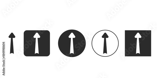Black and white direction up arrow icon set for interface design | Navigation symbol pointing forward in circle and square shapes | Stylized upwards indicator vector for web and UI applications 