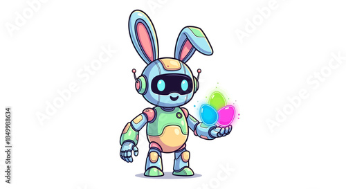 Cute robot bunny holding colorful Easter eggs in hand happily