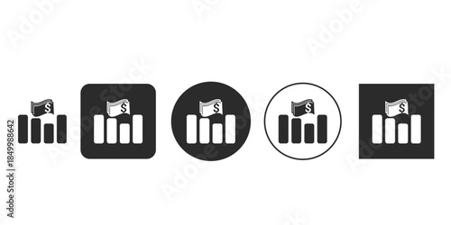 Financial profit growth bar chart icon vector | Dollar bill symbol over rising business statistics graph | Monochrome UI/UX asset for tracking income and budget success 