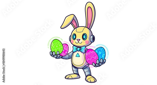 Cute robotic bunny character holding colorful Easter eggs