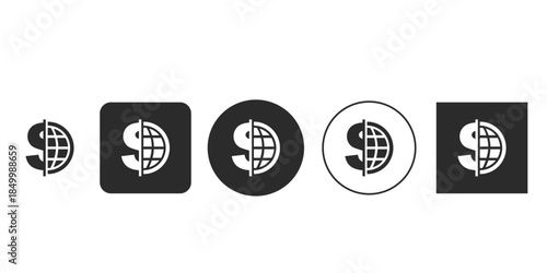 Black and white global dollar sign icon set vector | International finance and currency globalization symbol | Business trade worldwide money transfer graphic element