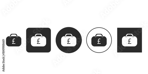 Financial briefcase icon with British Pound sign vector graphics | UK currency investment bag symbol black and white UI element | Pound sterling money transfer briefcase logo set for banking apps 