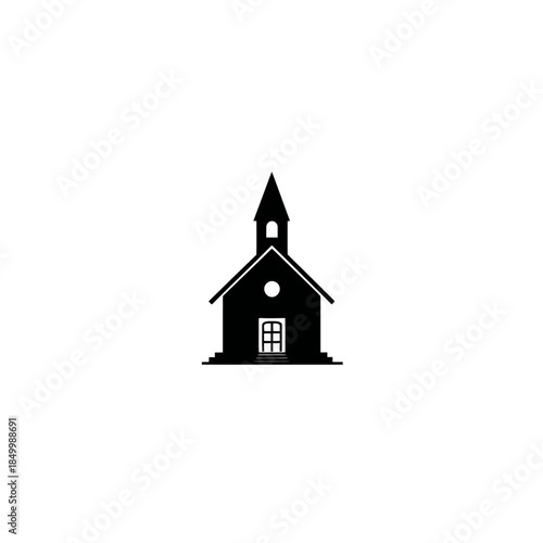 Simple black church building icon silhouette with a steeple, isolated vector illustration on a clean white background.