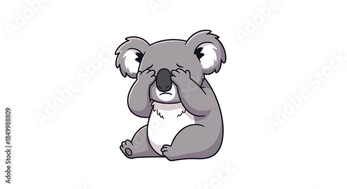 Cute cartoon koala bear sitting down and covering its eyes with its paws looking sad shy or playing peek-a-boo.