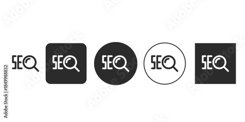 SEO Search Optimization Icon Set Vector Graphics | Minimalist Black and White SEO Magnifying Glass Logo | Digital Marketing Strategy Interface Icons | Website Ranking and Analysis Symbol Design