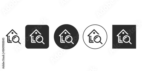 Find a house icon vector illustration for real estate apps | Home search magnifying glass glyph black and white icons | Property listing inspection flat design UI element 
