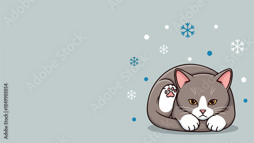 Cartoon illustration of a relaxed gray-and-white cat with front paws clasped together, set against a soft light blue background with scattered snowflakes