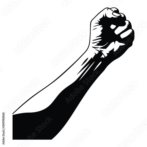 Black and white illustration of a clenched fist raised up  symbol of power and strength
