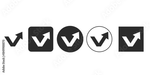Minimalist V letter logo with upward trend arrow | Black and white icon set for growth and success indicator | Vector glyph for validated progress or business achievement 