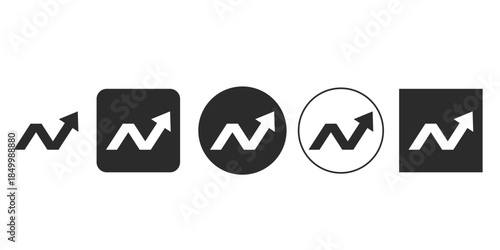Stock market upward trend graph icon set | Business growth indicator symbol multiple styles | Financial data charting arrow pointer vector | Rising profit zigzag line app logo 