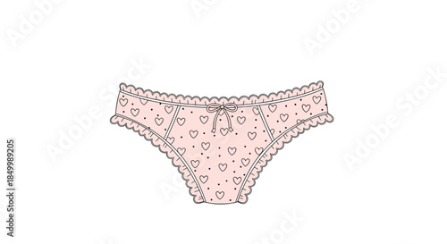 Cute and feminine illustration of pink lace panties with a heart and polka dot pattern isolated on a white background.