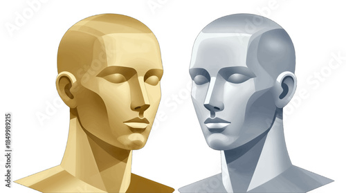 Two metallic male heads in gold and silver tones