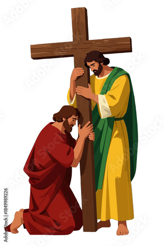 Two men in robes holding a wooden cross.