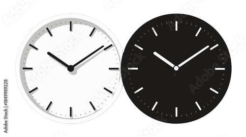 Two modern analog clocks in black and white