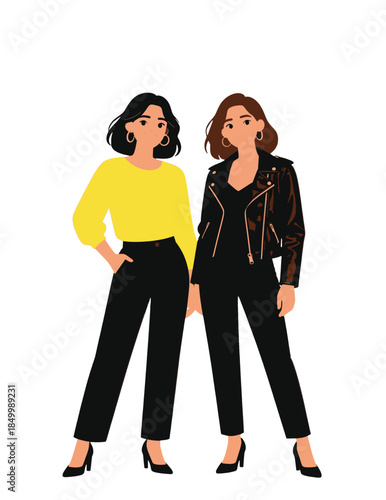 Two stylish women in modern casual outfits