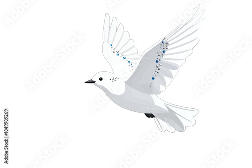 White dove with blue glitter spots flying upward