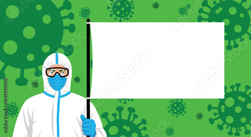 Medical professional in full hazmat suit and face mask holding a blank flag against a green background with virus cells.