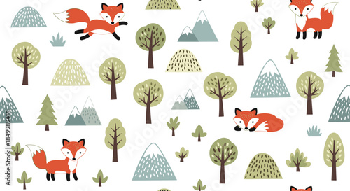 Adorable scandinavian style seamless pattern with cute cartoon foxes in a whimsical forest landscape with trees and mountains.
