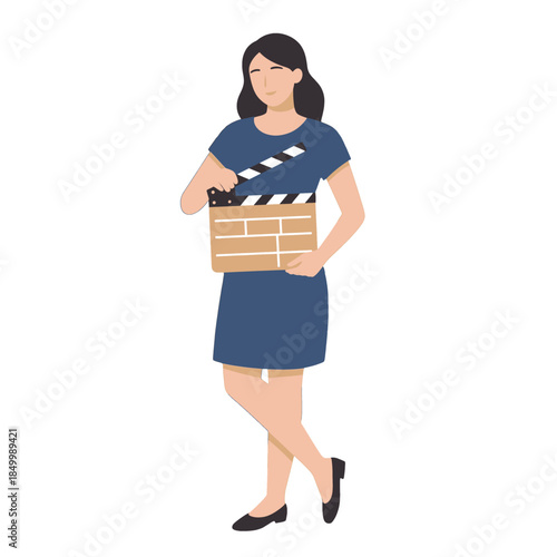Woman in Blue Dress Holding a Clapperboard