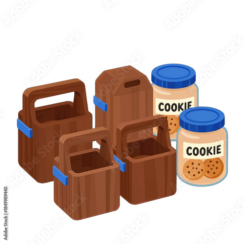 Wooden lunch boxes and cookie jars isolated
