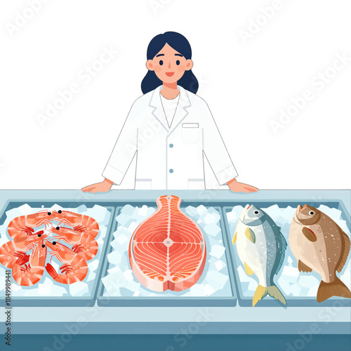 Woman in Lab Coat Displaying Fresh Seafood
