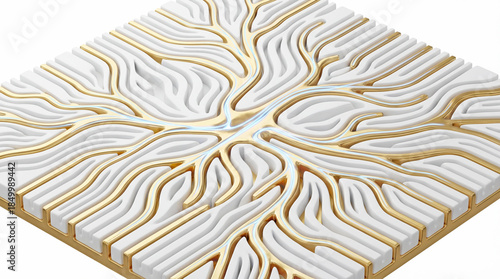 3D Render of Neuromorphic Computing Chip with Organic Gold Network for Brain-Inspired AI Concept
