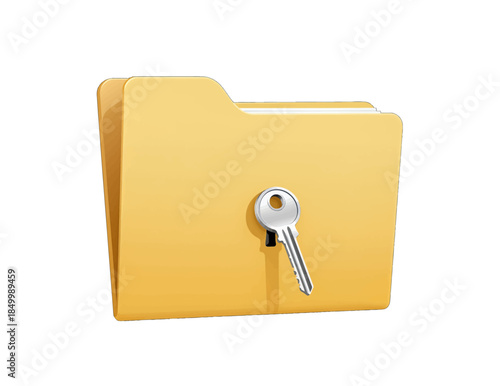 Yellow folder with silver key isolated