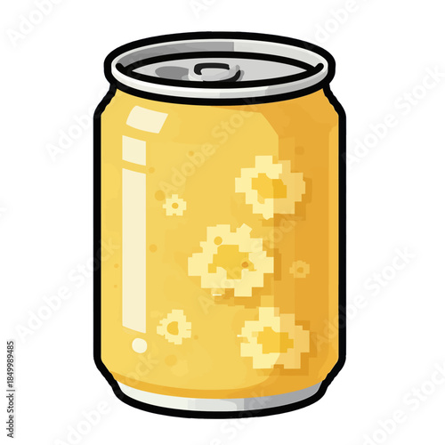 Yellow soda can with pixelated design isolated