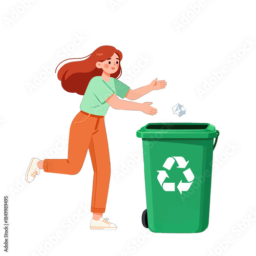 Young woman throwing paper into recycling bin