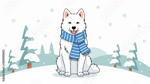 Playful white dog with blue and white scarf in winter landscape
