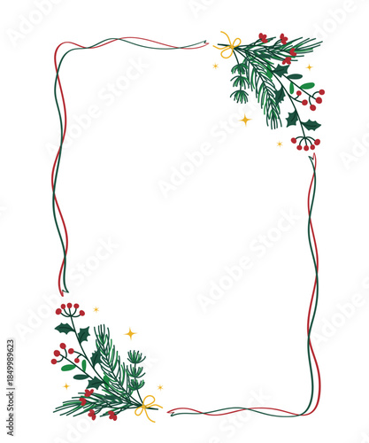 Christmas botanical frame vector illustration with pine branches, holly berries and ribbon border. Festive holiday design for card, invitation and poster.