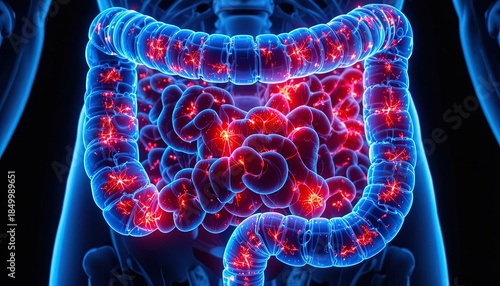 Human digestive system with inflamed gut highlighted in red