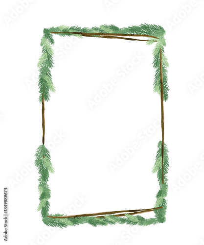 Christmas evergreen frame vector illustration with green garland border and blank center. Festive holiday design for card, invitation, poster and menu.