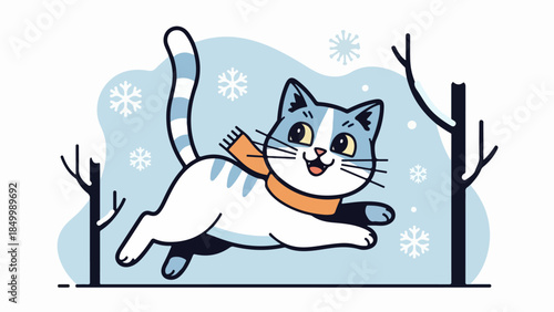 Playful gray-and-white cat mid-leap with orange scarf in winter landscape