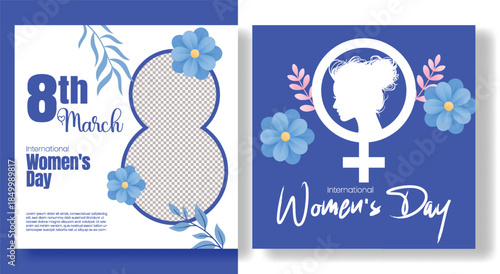 International Women’s Day Advertising Promo Design Template for Social Media Ads featuring Elegant Floral Background and Symbolic March 8 Number 8 Ribbon Illustration