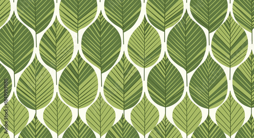 Retro style seamless pattern with stylized green leaves in various shades creating a dense and decorative geometric foliage background.