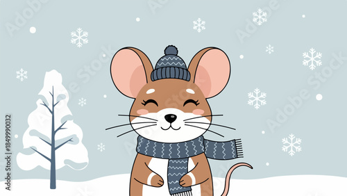 Friendly cartoon mouse in a serene winter landscape with falling snowflakes and a snow-dusted tree