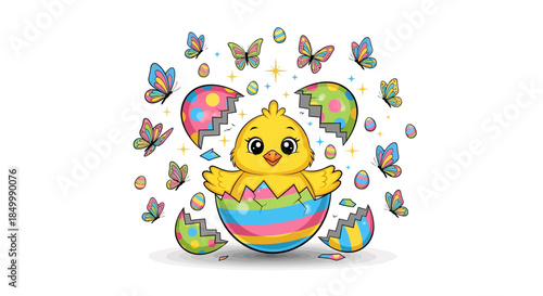 Cute Easter chick emerging from colorful egg surrounded by butterflies