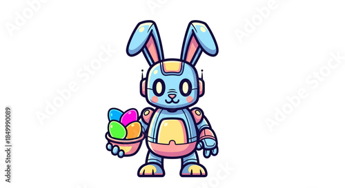Cute robotic bunny holding colorful Easter eggs in basket