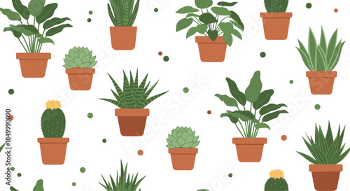 Seamless pattern of cute cartoon houseplants in terracotta pots on a white background with decorative dots for textile design.
