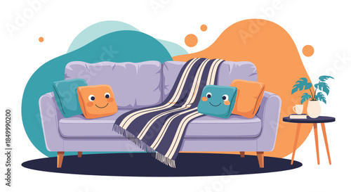Cozy living room interior illustration with a comfortable purple sofa cute pillows and a plant on a modern abstract background.