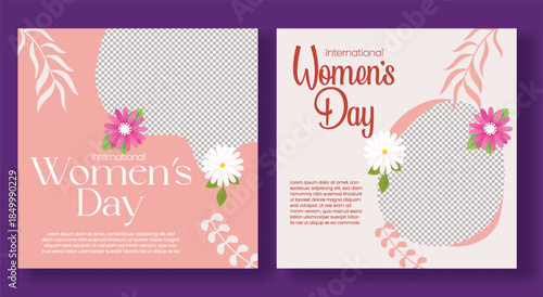 Minimalist 8 March Women's Day square poster and flyer design for social media and Instagram posts ads, banner template for marketing advertising with feminine floral illustration