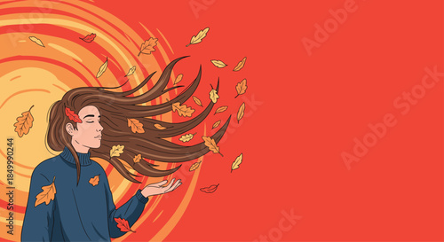 Artistic illustration of a person with long flowing hair and autumn leaves on a swirling red and orange seasonal background.
