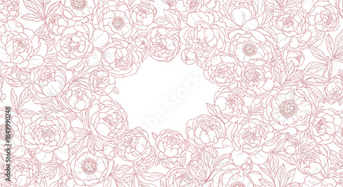Elegant red-brown peony line art forms a floral frame on a clean white background suitable for invitations or announcements.