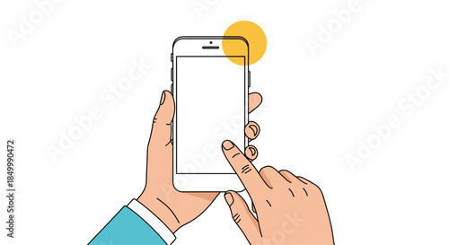 Hand-drawn illustration of hands holding a smartphone with a blank screen for mockup or presentation of a mobile app.