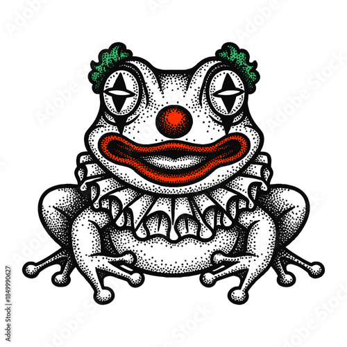 creepy frog dressed as a clown with ruffle collar illustration in retro halftone stipple effect style
